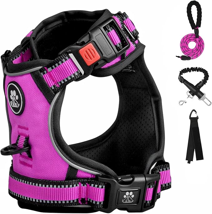 FURRYFECTION Dog Harness | No Pull Dog Harness | Reflective Oxford | Padded Handle | 4 Adjustable Straps | 2 Leash Clips | No Choke Pet Vest Harness for Small Medium Large Dogs | Rose | XL