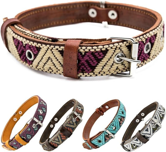 Western Dog Collar - Leather Embroidered Design for Small Medium Large Dogs & Puppy Pets - Aztec Southwest For Boy And Girl Female & Male Dogs - Collar Para Perros Beaded (Small, Baja White)