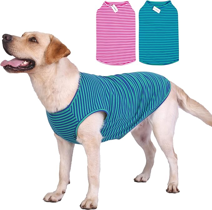 Dog Shirts Cotton Striped T-Shirts, Breathable Basic Vest for Puppy and Cat, Super Soft Stretchable Doggy Tee Tank Top Sleeveless, Fashion & Cute Color for Boys and Girls (XL, Pink+Green)