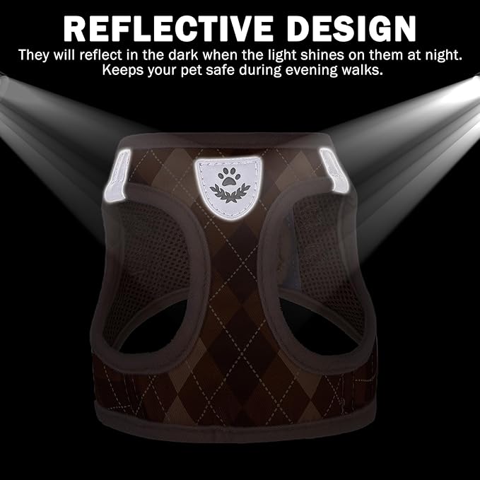 SCENEREAL Dog Harness Collar and Leash Set, Step-in No Pull Pet Vest Harnesses for Small Medium Dogs Puppy Cats, Soft Mesh No-Chock Reflective Vest Harness for Outdoor Walking Running, Brown Plaid M