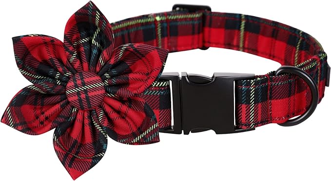 Lionet Paws Christmas Dog Collar with Flower, Dog Flower Collar with Metal Buckle for Dogs, Adjustable Comfortable Dog Collar Girl Gift, S, Neck 10-16 in