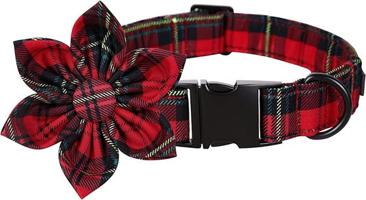 Lionet Paws Christmas Dog Collar with Flower, Dog Flower Collar with Metal Buckle for Dogs, Adjustable Comfortable Dog Collar Girl Gift, XL, Neck 16-26 in