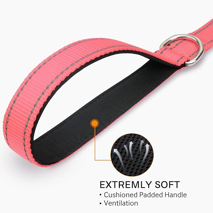 Joytale Double-Sided Reflective Dog Leash, 6 FT/5 FT/4 FT, Padded Handle Nylon Heavy Duty Leashes for Medium & Large Dogs Walking, Neon Pink, 4FT