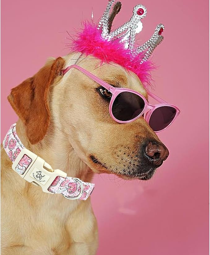 Elegant little tail Dog Collar, Elephant Cookies Pattern Pet Collar Pink Durable Holiday Female or Male Adjustable Cotton Pet Collar with Quick Release Buckle for Medium Dogs