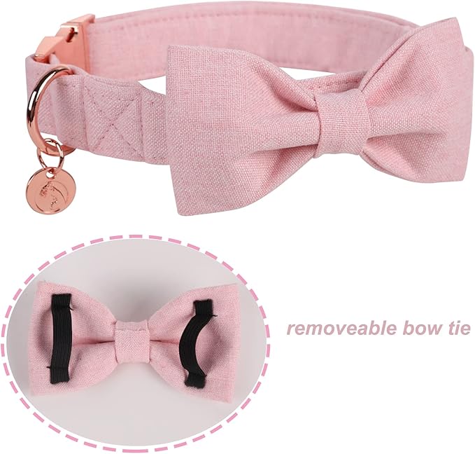 DOGWONG Cotton Dog Collar with Bow, Pink Pet Collar Durable Adjustable Puppy Collar for Small Medium Large Dogs