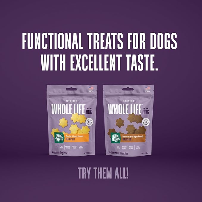 Whole Life Dog Living Treats for Dogs – Human Grade Probiotics for Digestive & Gut Health, Gas, Diarrhea, Vomit & Constipation Relief, Health Supplies - Peanut Butter, 3 oz (Pack of 1)
