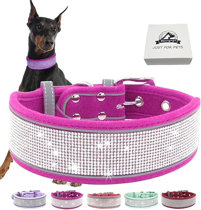 Bling Diamond Dog Collar for Females Girls,Soft Velvet Leather with Fancy Sparkly Crystal Rhinestones,Reflective Stripe,Suit Medium Large Dogs (Hot Pink,Adjust:12''-16'')