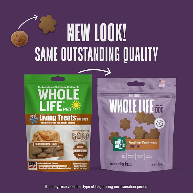 Whole Life Dog Living Treats for Dogs – Human Grade Probiotics for Digestive & Gut Health, Gas, Diarrhea, Vomit & Constipation Relief, Health Supplies - Peanut Butter, 12 oz (Pack of 1)