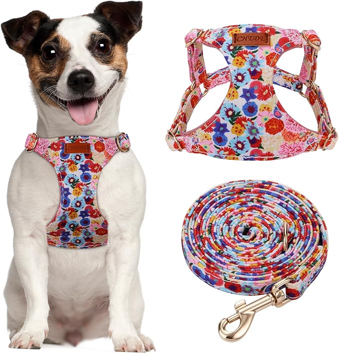 CHEDE No Pull Floral Pattern Dog Harness- Lightweight and Soft Dog Harness, Adjustable Small Dog Harness and Leash Set, with Dog Leash, Suitable for Puppy Small and Medium-Sized Dog