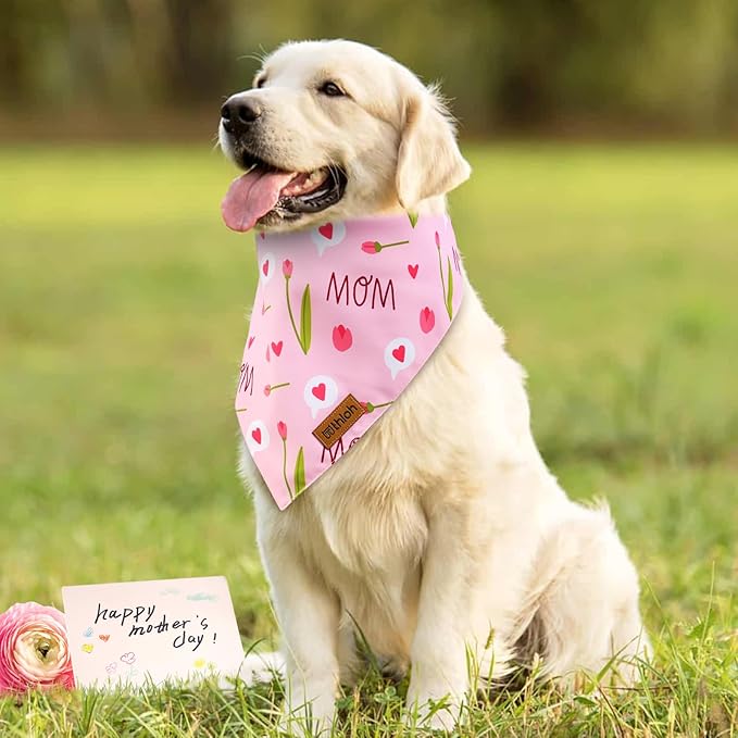 Mothers Day Dog Bandanas - 2 Pack Reversible Super Mom Pet Scarf for Boy and Girl | Premium Durable Fabric | Triangle I Love My Mom Bandana for Small Medium Large and Extra Large Dogs (Large)