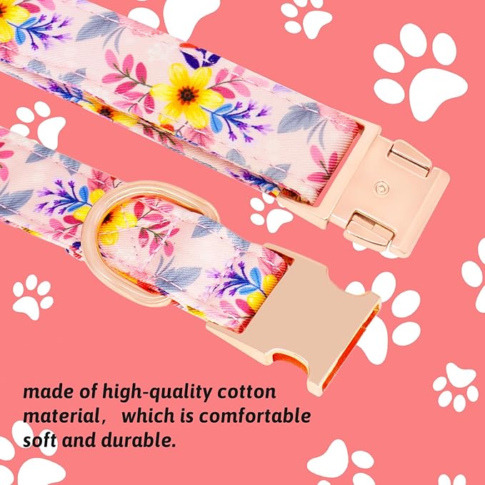 Dog Collar and Leash Set Girls Adjustable Puppy Collars with Floral Bow Tie for Small Medium Large Female Dogs, Pink Flower, L