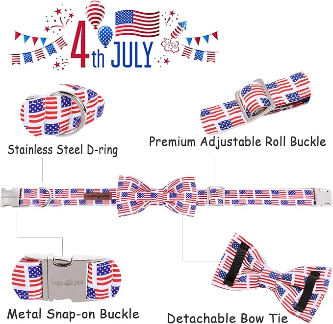 Unique style paws Dog Collar, Pet Collar Dog Bow Tie Gift for Girl or Boy Dogs, American Flag Adjustable Dog Collar for X-Small Dogs