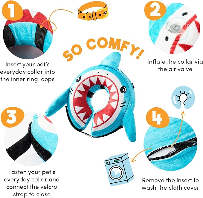 BENCMATE Protective Inflatable Collar for Dogs and Cats - Soft Pet Recovery Collar Does Not Block Vision (Small, Shark)
