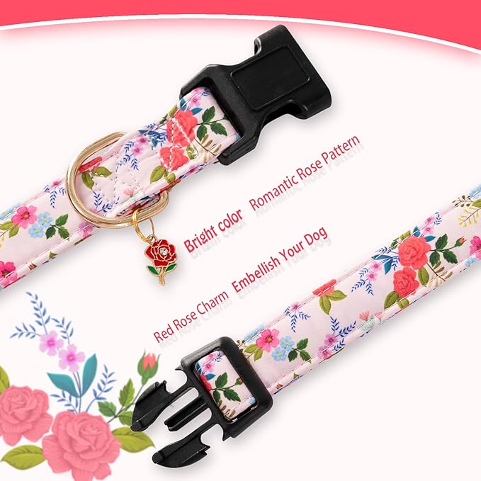 Cute Rose Dog Collar for Small Medium Large Dogs Special Design Cute Pink Rose Dog Collar for Girl Female Dogs Soft Adjustable Rose Puppy Collars for Girl Female Dogs M