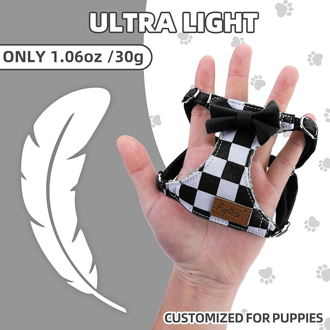 PUPTECK Dog Harness and Leash Set Small Sized, Step-in Cute Puppy Harness, Soft Lightweight Padded Vest, Escape Proof No Pull Pet Harnesses Easy for Walking, Plaid Black & White, XXS