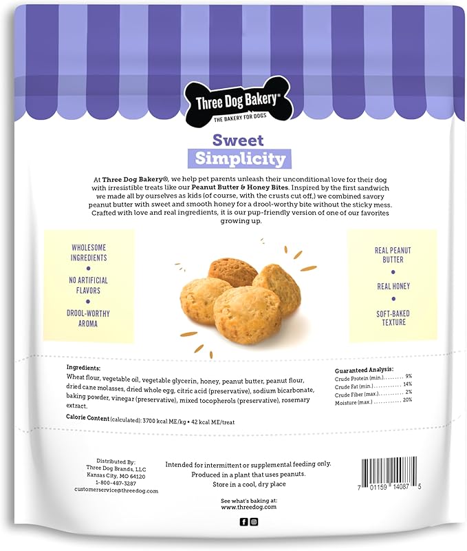 Three Dog Bakery Peanut Butter & Honey Bites - Training Treats, Biscuits, Mess-Free Snacks for Dogs & Puppies, Human-Inspired