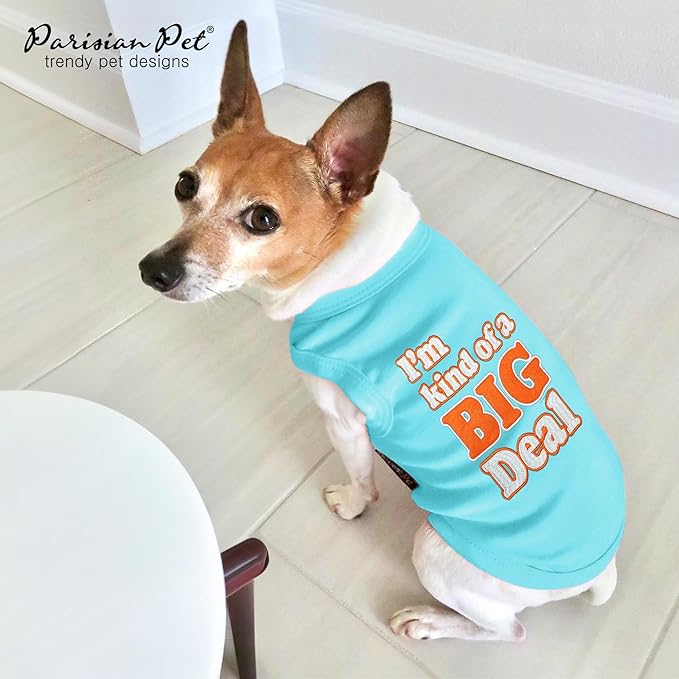 Parisian Pet Dog Tshirt - Embroidered “ I’m Kind of Big Deal “ Dog Shirt - Lightweight and Skin Friendly Dog Clothes - Sleeveless Blue Dog Tee Shirts - Machine Washable Dog Shirts for Small Dogs - XS