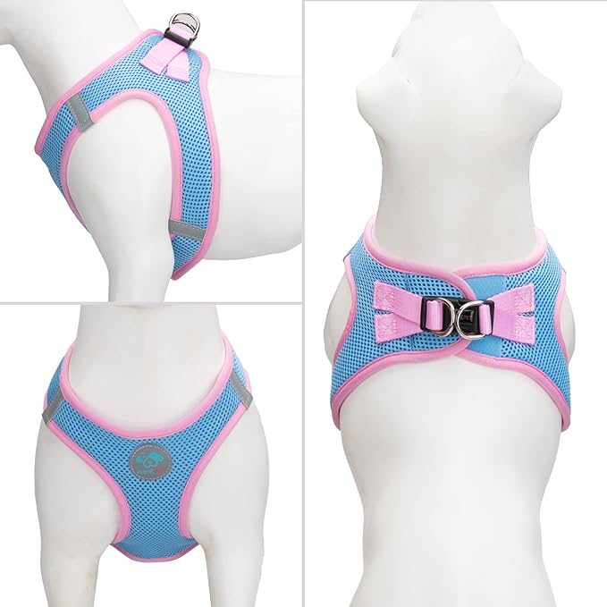 PHOEPET Step-in Dog Harness,Reflective Adjustable Dog Vest Harness, Soft Pet Walking Jacket with 2 Metal Leash Hooks for Dog and Cat(Baby Blue Base & Pink Straps,M)