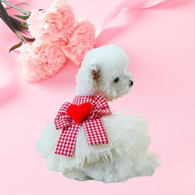 FLAdorepet Dog Dress with Leash Ring,Holiday Dog Clothes Love Heart Tulle Pet Dresses for Small Dogs Girls Party Outfit Puppy Cats Apparel(Red Heart, Medium)