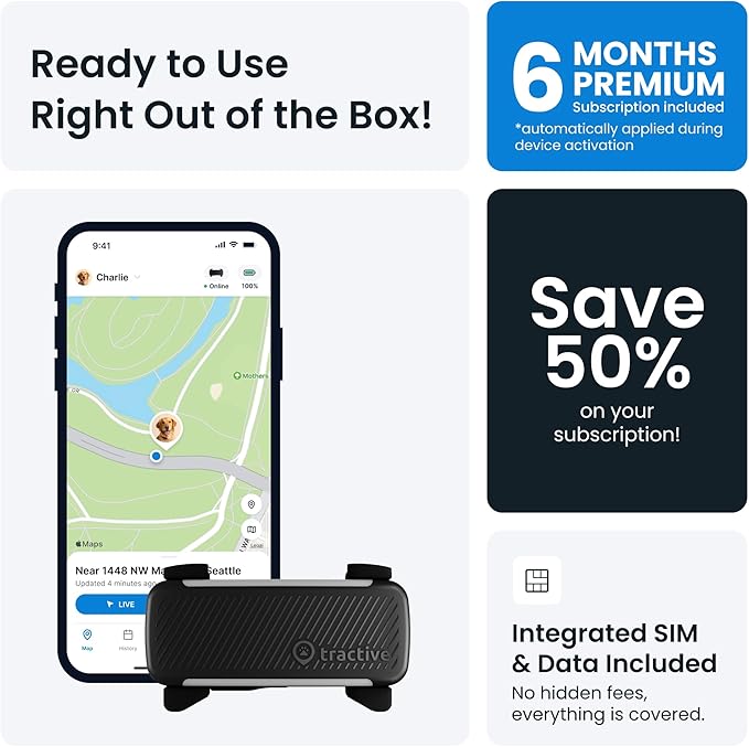 Tractive GPS Dog Tracker (2025 Release with Free 6 Month Subscription) | Real-time Pet Location Tracker | Health & Wellness Alerts | Virtual Fence for Dogs | Bark Monitoring (Black)