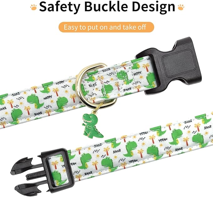 Cotton Dog Collar,Adjustable Cute Puppy Collar with Moon Patterned Design for Small Medium Large Dogs,Soft and Fancy Pet Collar with Safety Buckle for Girl Boy Dogs (Green Dinosaur, S)