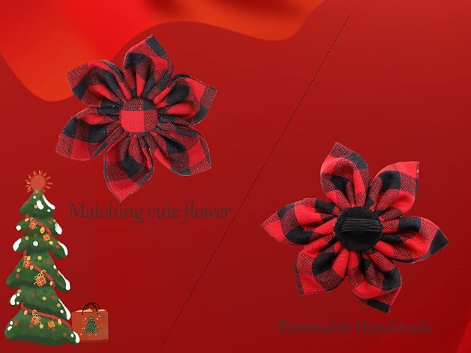 Uniqe Style Paws Christmas Grid Dog Collar, Female or Male Adjustable Dog Collar with Flower, Durable Floral Pattern Pet Collar for Large Dogs