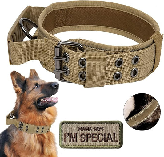 Tactical Dog Collar with Handle - Military Adjustable Dog Training Collar Soft Nylon and Heavy Duty Metal Buckle for Medium Large Dogs - with Patch (Brown with Patch, Large)