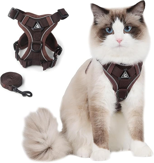 Cat Harness and Leash Set for Large Cat Small Dog Puppy, Escape Proof Adjustable Vest with Lead for Outdoor Walking, Soft Breathable Mesh Jacket with Reflective Strips for Dark Night, L Brown