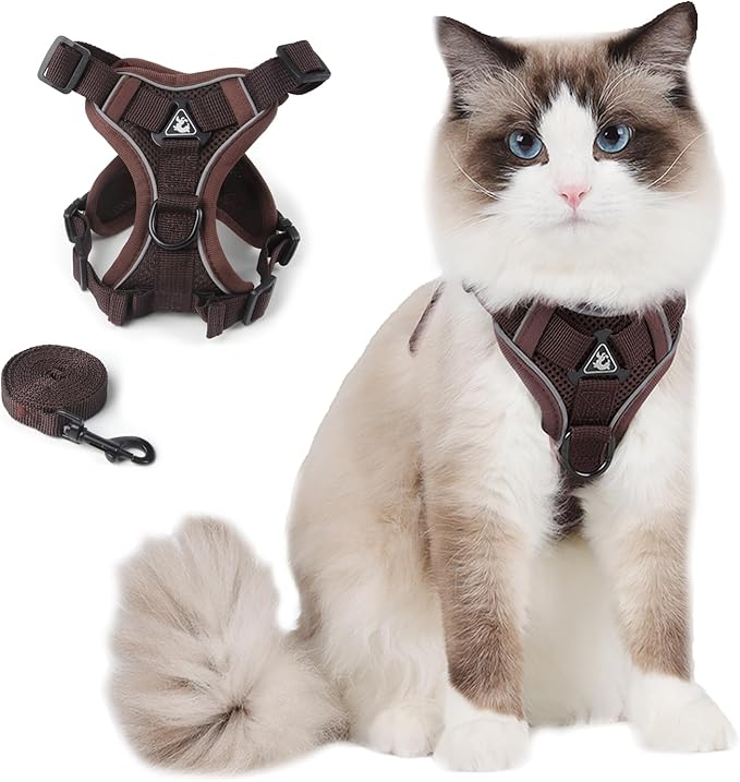 Cat Harness and Leash Set for Outdoor Walking, Cat Escape Proof Adjustable Vest with Lead for Kitten Puppy, Soft Breathable Mesh Jacket with Reflective Strips for Dark Night (M, Brown)