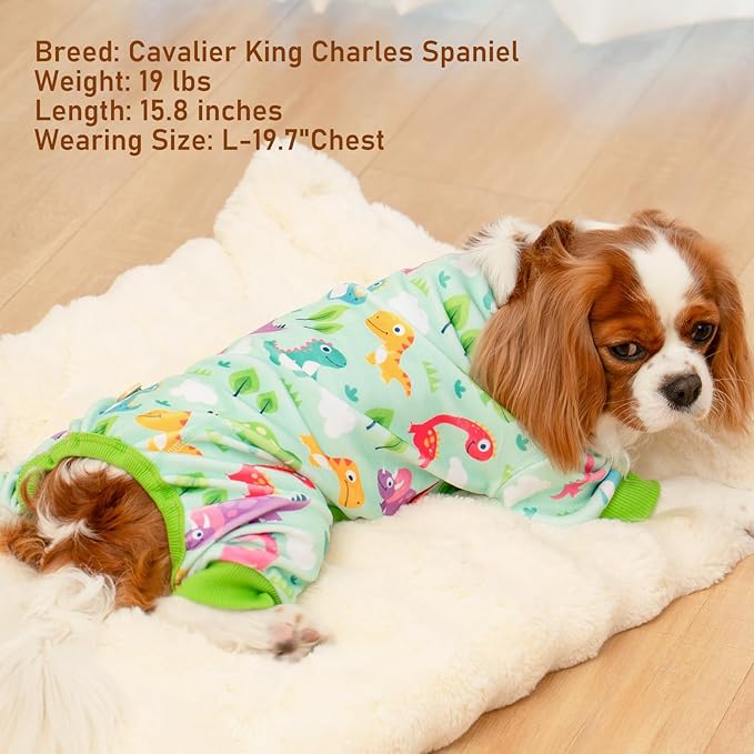 KYEESE Dog Pajamas Comfy Clothes for Dogs Boy Girl Stretchy Pet Jammies Onesie Soft Outfit Velvet Pjs Large Dog Pajamas with Colorful Dinosaurs, XX-Large