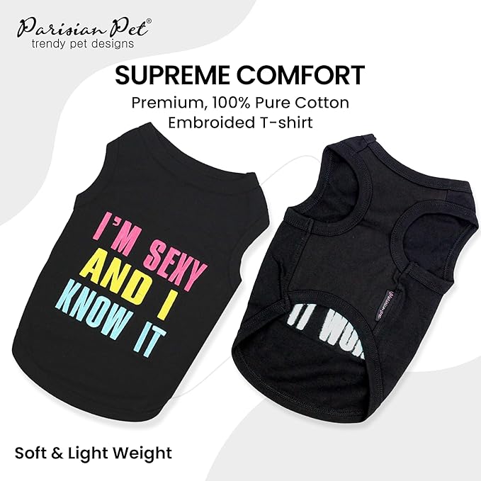 Parisian Pet Dog Tshirt - Embroidered “ I’m Sexy “ Girl Dog Clothes - Breathable and Lightweight Tank Top - Sleeveless Pet Tee Shirts - Machine Washable Shirt for Medium Dogs - M
