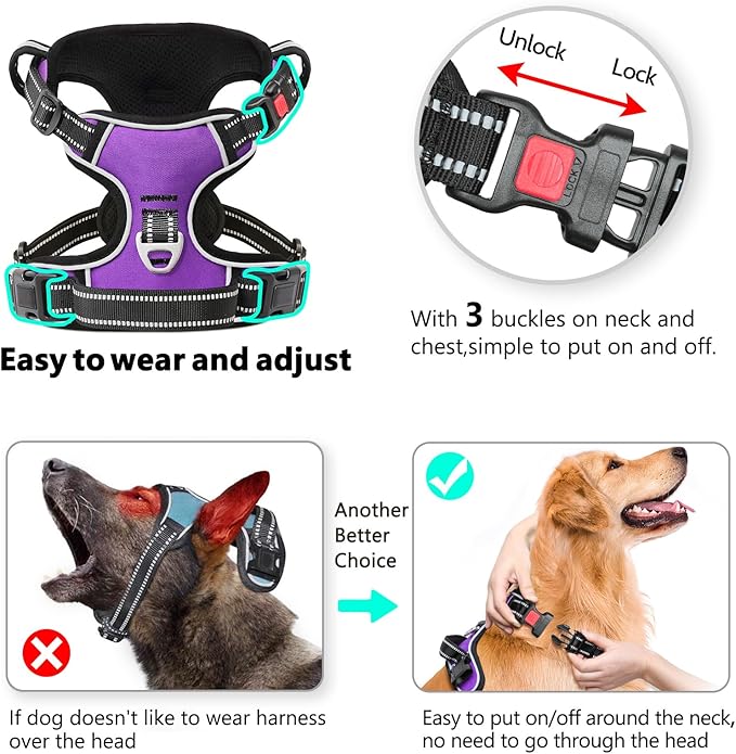 Timos Dog Harness Small Sized, No Pull with Neck Lockable Snap,No Choke Front Clip Dog Reflective Harness,Adjustable Metal Rings 3 Buckles,Easy Control Handle for Small Dogs Purple XS