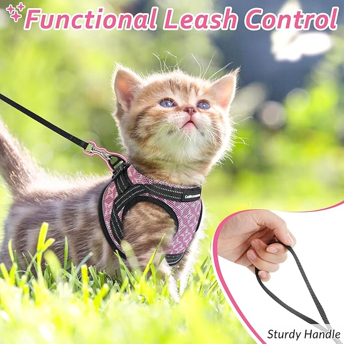 Cat Harness and Leash Escape Proof for Walking, Safe Adjustable Large Kitten Vest Set with Reflective Strip for Kitty, Easy Control Comfortable Soft Outdoor Pet Harnesses, Pink, Large