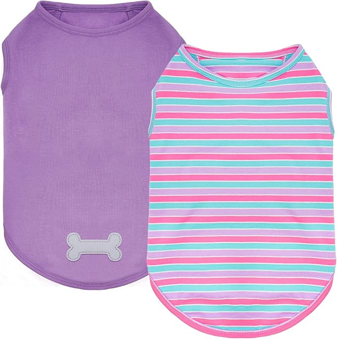 KYEESE 2Pack Dog Shirts Small Tee Soft for Small Dogs Striped T Shirt Lightweight Sleeveless Vest Cotton Tank Top Clothes, Large,Purple+Striped