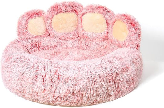 Jiupety Paw Shape Calming Pet Bed, Plush Faux Fur Donut Bed for Dogs & Cats, Machine Washable, Non-Slip Bottom, Large Size (26"×26"×8"), Pink