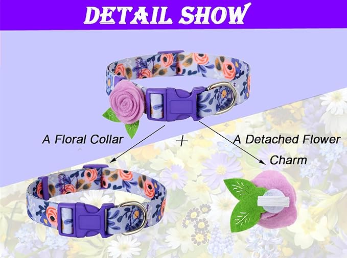 2 Pack Spring Dog Collar for Small Dogs, Quick Release Floral Dog Collar Girl with Flower Bow