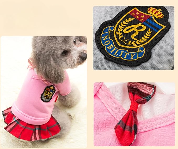 Pet Uniform School Skirts Sailor Costume Dog Campus Clothes Teddy Cute Bowtie Adorable Puppy Apparel (Small,Pink Shirt)