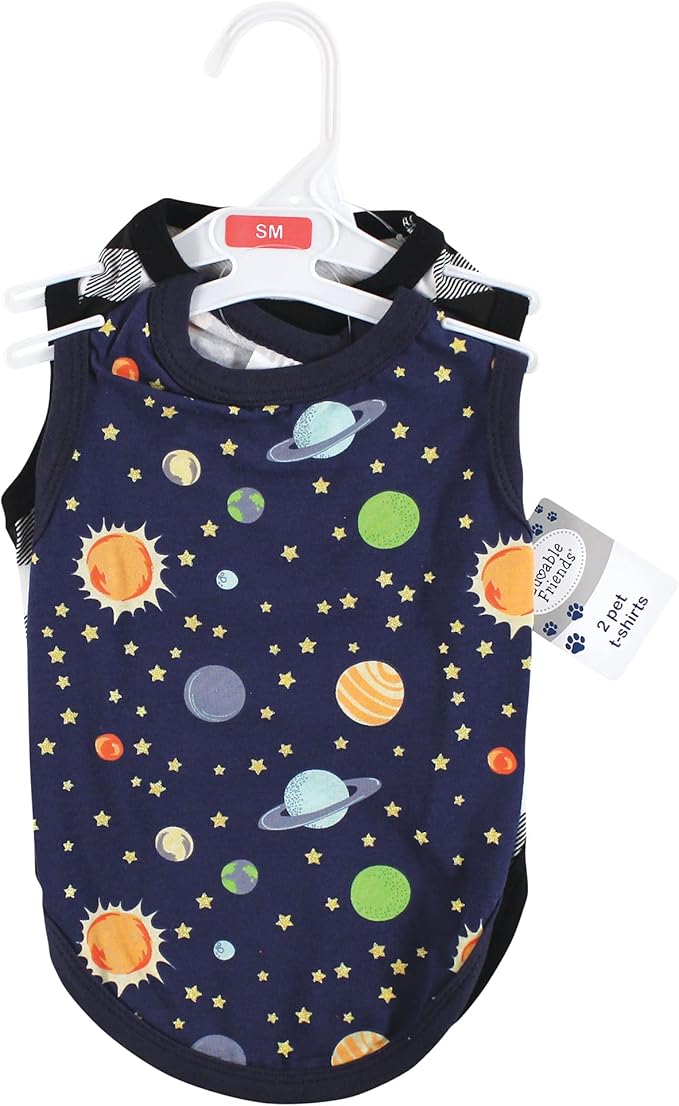 Luvable Friends Dog Pet Dog and Cats Cotton T-Shirts 2pk, Space Plaid, Large