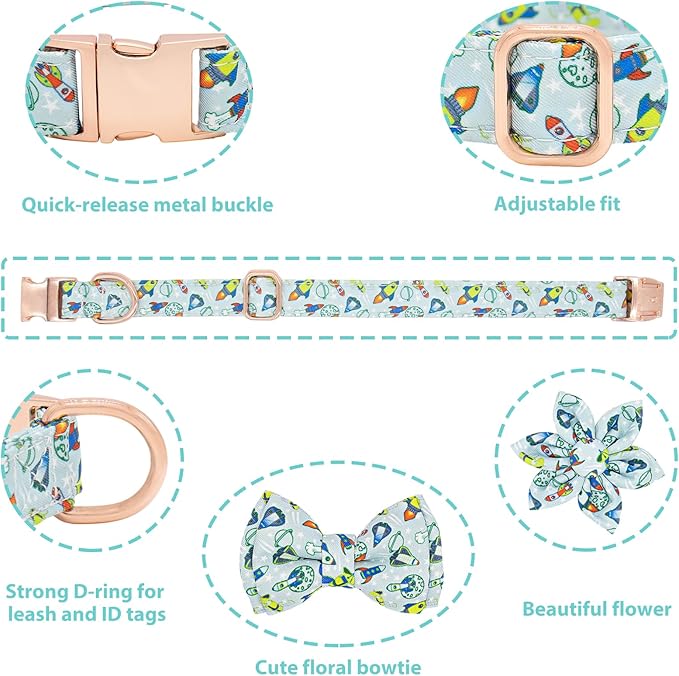 Dog Collar and Leash Set Adjustable Girls Puppy Floral Collars with Bow Tie for Small Medium Large Dogs(S, Rocket)