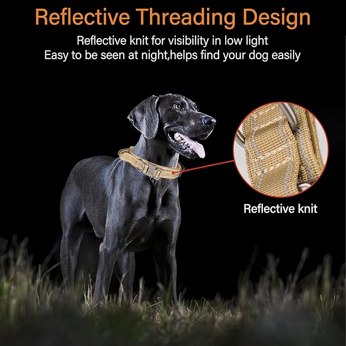KCUCOP Tactical Dog Collar, Heavy Duty Dog Collar with Handle and Metal Buckle, Military Thick Dog Collars for Medium and Large Dogs(Brown-Reflective Set-XL, 1 Patch)