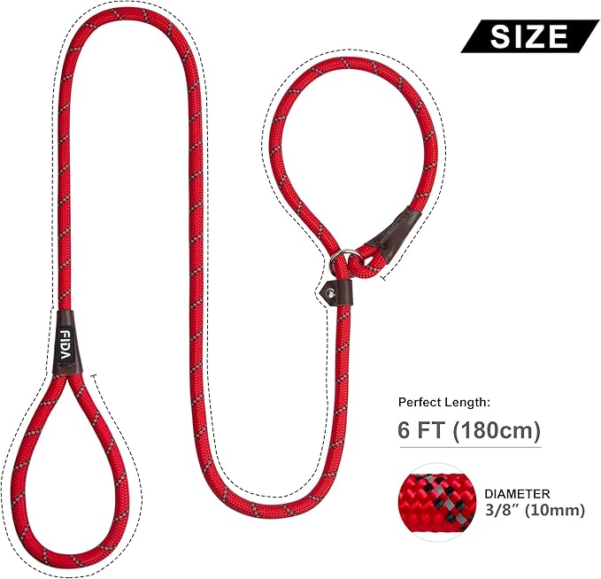 Fida Durable Slip Lead, 6 FT x 3/8" Heavy Duty Dog Loop, Comfortable Strong Rope Slip Leash for Small Dogs and Puppies, No Pull Pet Training Leash with Highly Reflective (3/8", Red)