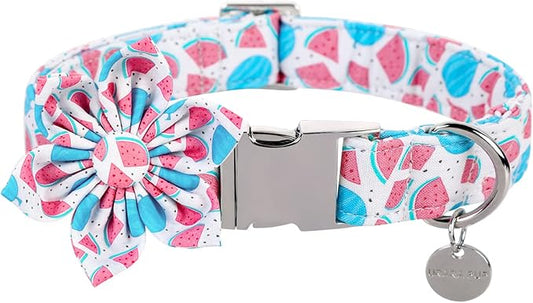 Flower Dog Collar, Durable Comfortable Cotton Cute Dog Collar with Flower for Large Dog Girl, Summer Dog Collar with Metal Buckle, L