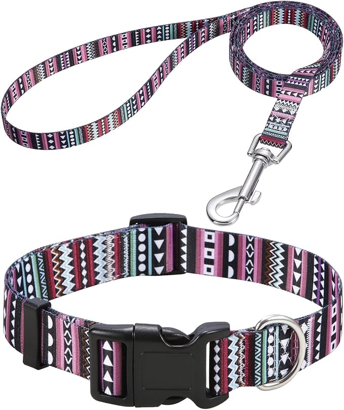 Dog Collar and Leash Set with Bohemia Floral Tribal Geometric Patterns - Soft Ethnic Style Collar Adjustable for Small Medium Large Dogs(Bohemian Purple Set,L)