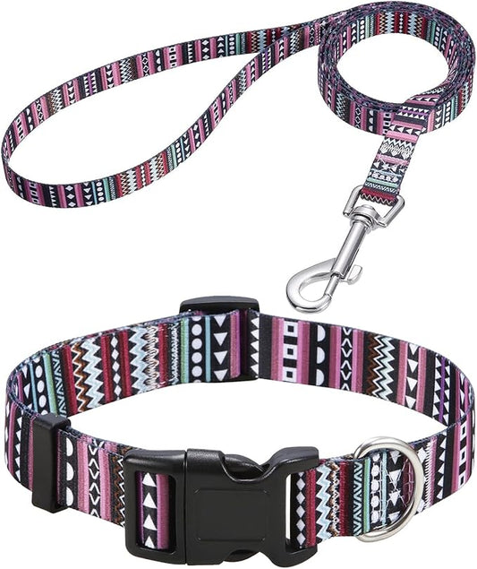 Dog Collar and Leash Set with Bohemia Floral Tribal Geometric Patterns - Soft Ethnic Style Collar Adjustable for Small Medium Large Dogs(Bohemian Purple Set,S)