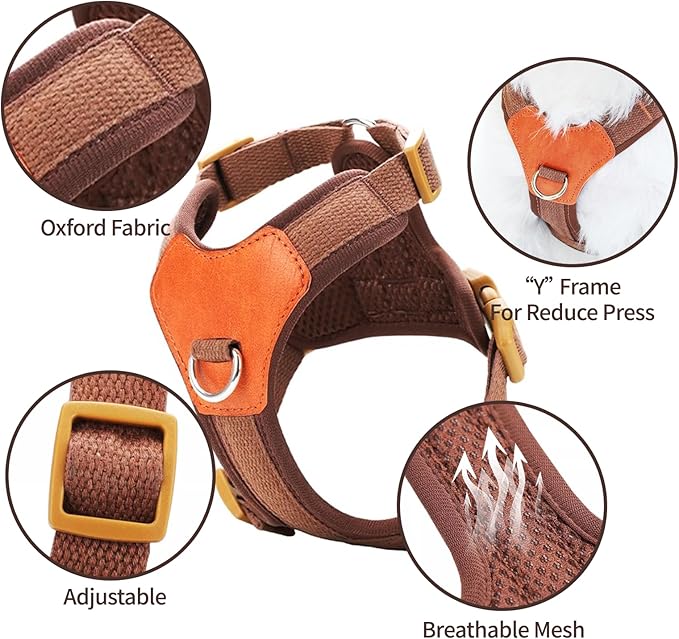 No-Pull No-Choke Dog Harness and Leash Set - Adjustable Soft Padded Vest, Lightweight Retro Design for Small Medium Dogs and Puppies, Easy Control and Comfortable Walk (Brown, XS)