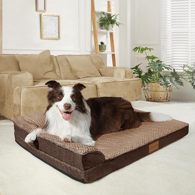 Orthopedic Jacquard Dog Bed for Medium Dogs, Waterproof L Shaped Medium Pet Sofa Bed with Washable Removable Cover, Non-Slip Soft Warm Comfortable Pet Couch Sleep Mat, 30''X20'' Brown