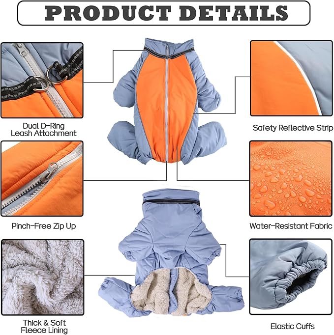 Toasty Warm Fullbody Snowsuit for Dog, Outdoor Windproof Coat with Leash Ring, Zip Up Reflective Thick Dog Snow Jacket, HazeBlue, 22