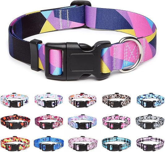 Adjustable Dog Collar with Patterns, Ultra Comfy Soft Nylon Breathable Pet Collar for Small Medium Large Dogs (S, Purple Geometry)