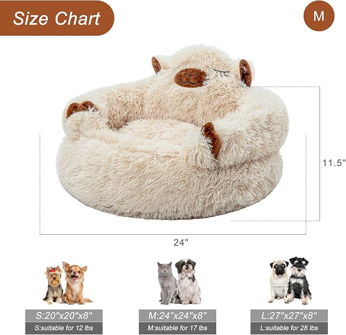 Jiupety Calming Dog and Cat Bed, Cozy Donut Cute Small Dog Beds, Anti Anxiety Round M(24" x 24" x 8") Size for Pets up to 17 lbs, Camel
