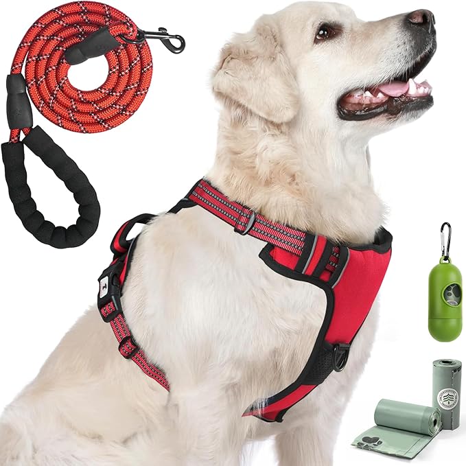 Dog Harness, No-Pull Pet Breathable Harness, Adjustable Soft Padded Dog Vest with 2 Leash Clips, Reflective No-Choke Pet, Easy Control Handle for Large Dogs, Red, L